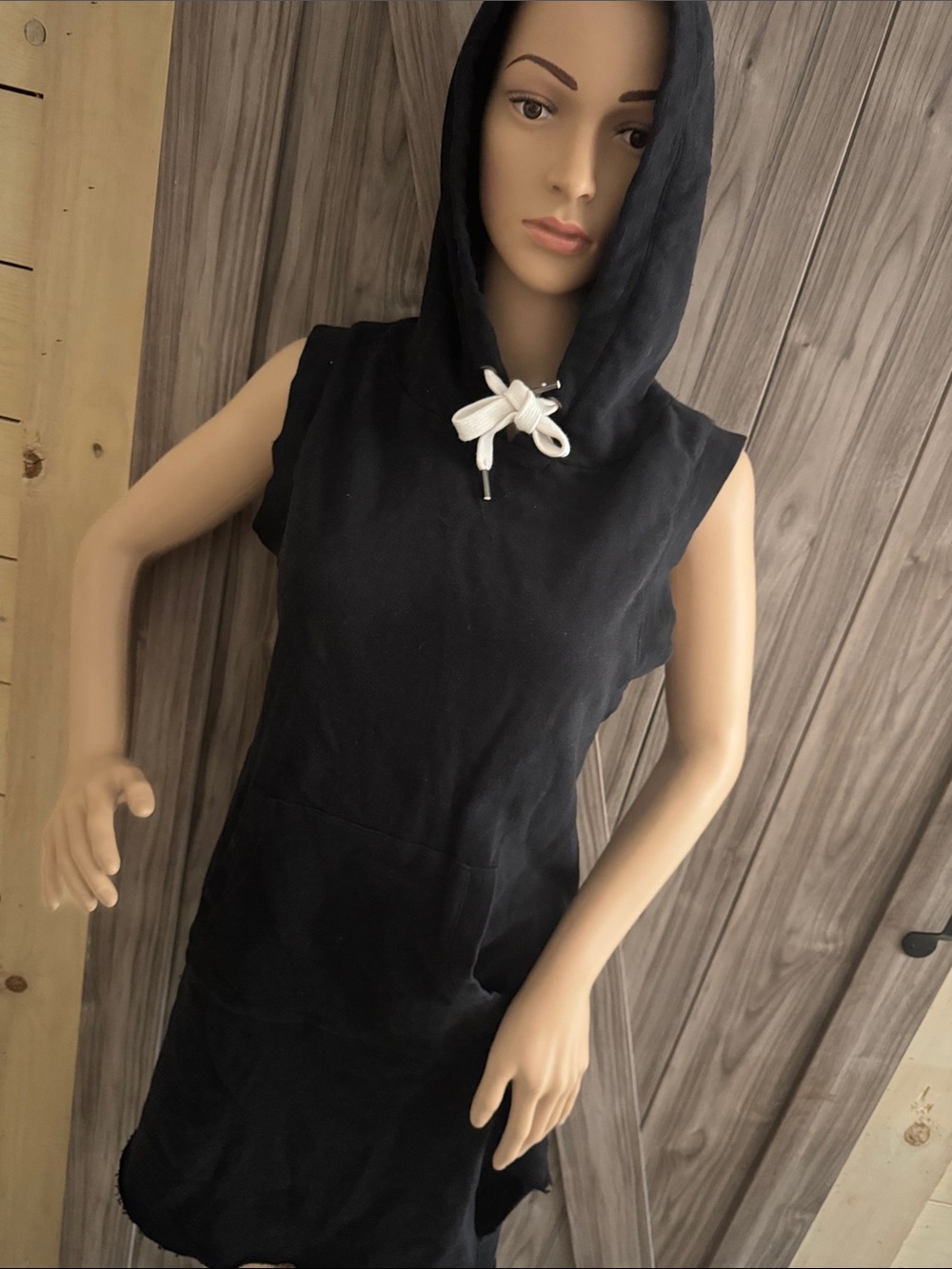 Sleeveless Black Hoodie Dress with White Drawstring